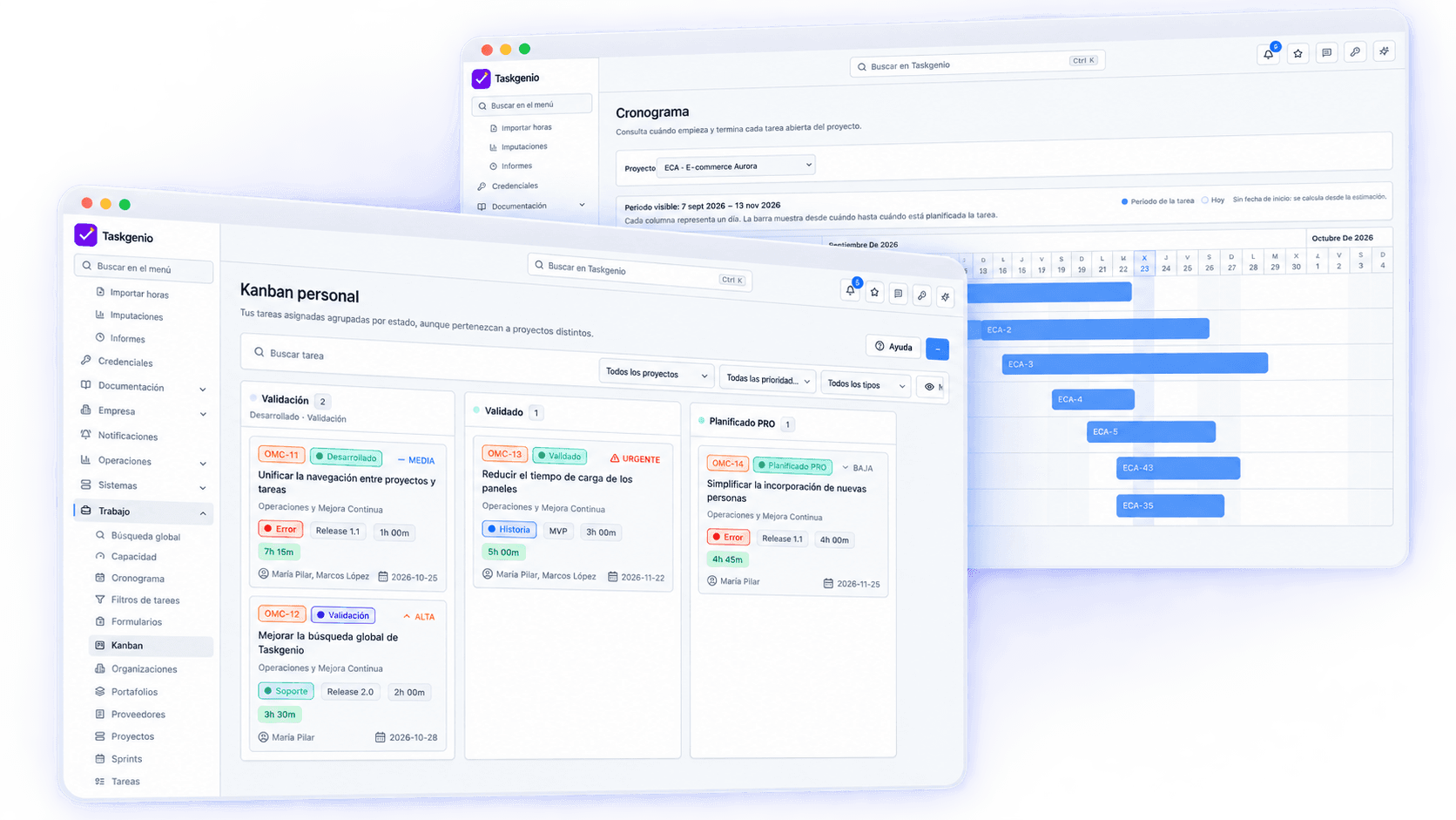 Vistas reales del Kanban y el cronograma de Taskgenio